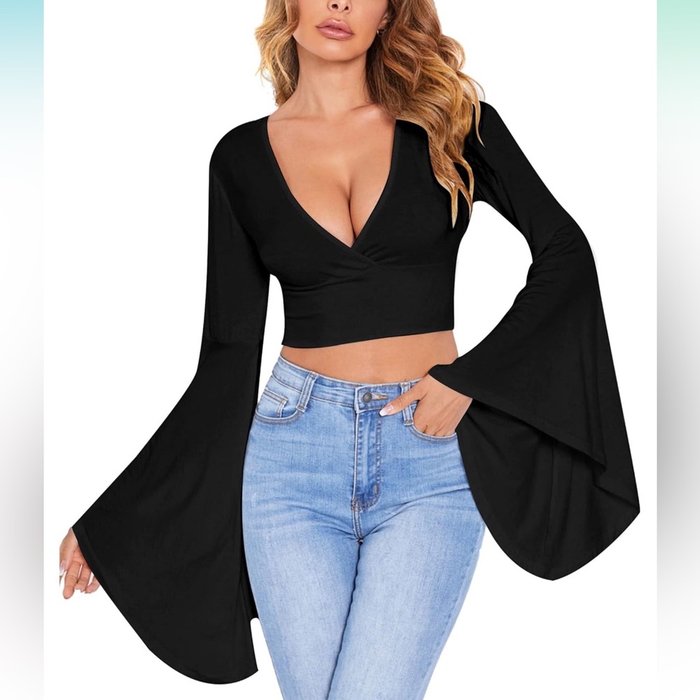 V Neck Bell Sleeve Wrap Top